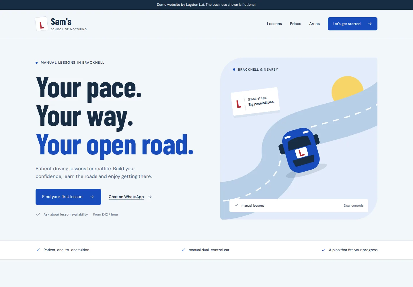 Driving instructor fictional template home page at desktop width