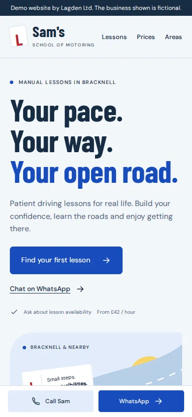 Driving instructor fictional template home page at mobile width