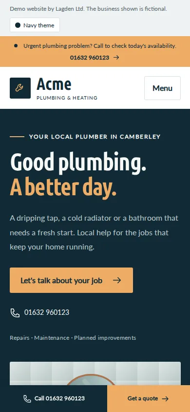 Local trades fictional template home page at mobile width